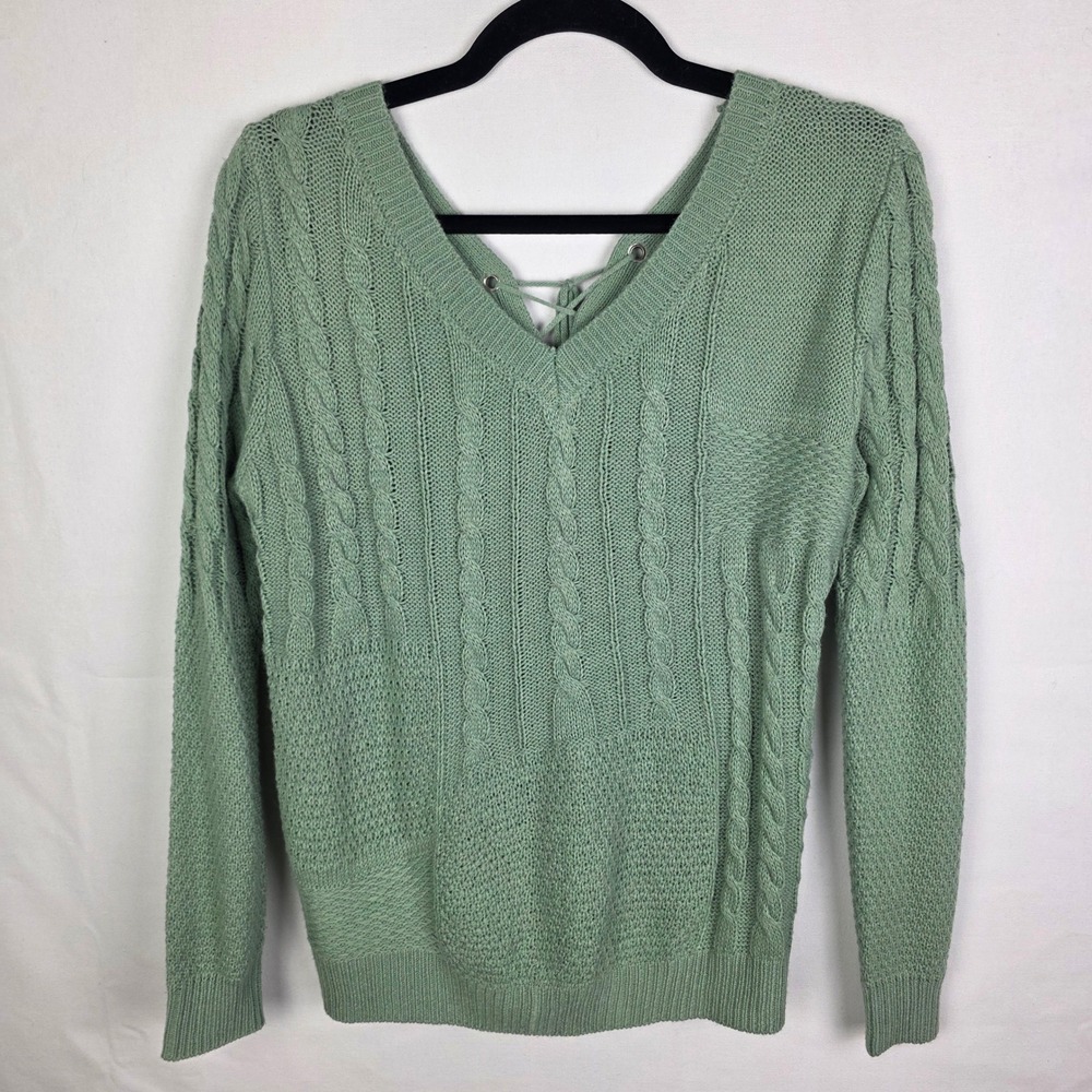Poof Sage Green Cable Knit Lace Up Back V-Neck Sweater Small earthy boho